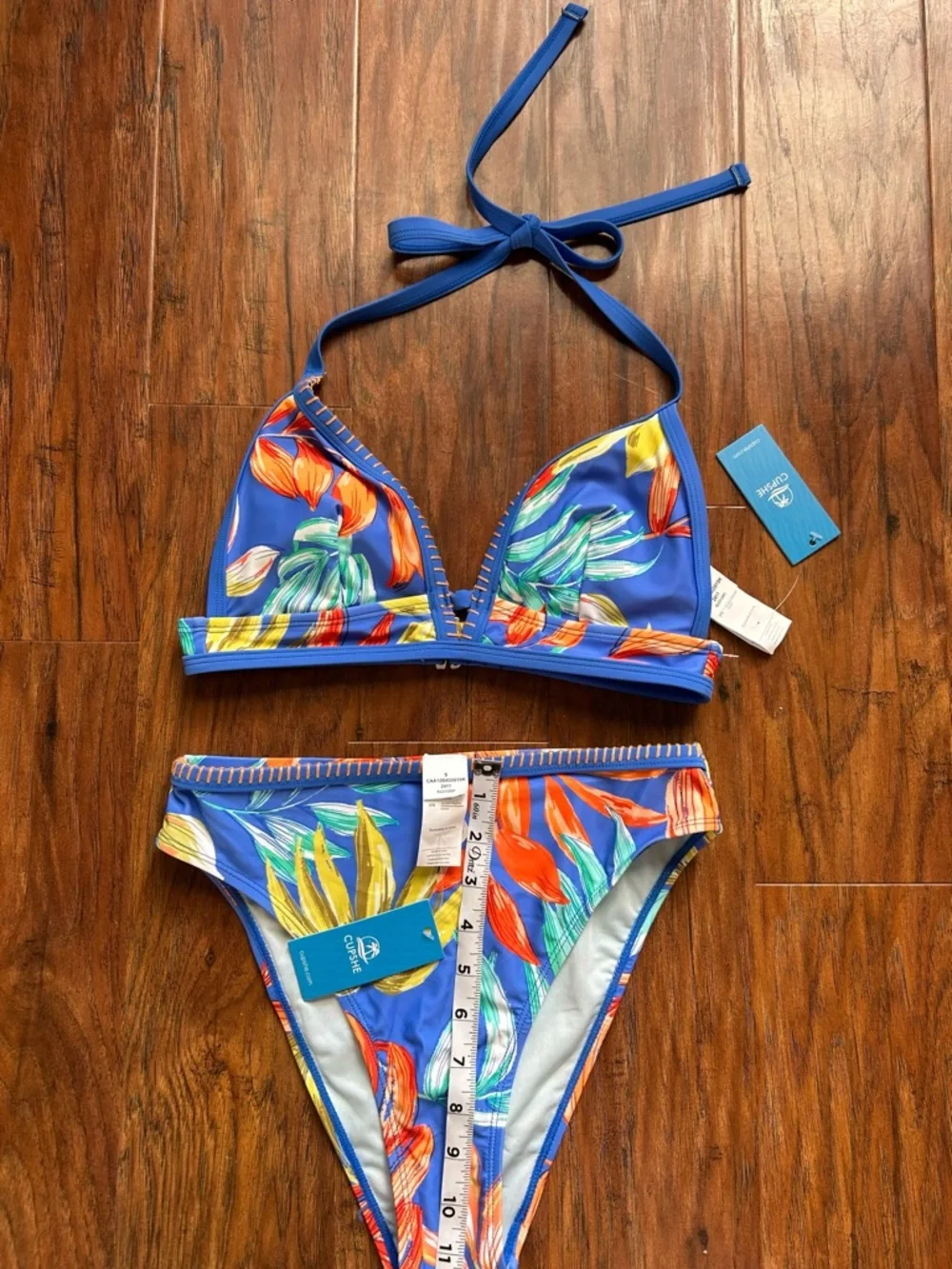 Cupshe Blue Tropical Triangle Bikini Set with Orange & Green Leaf Print - Picture 7 of 10